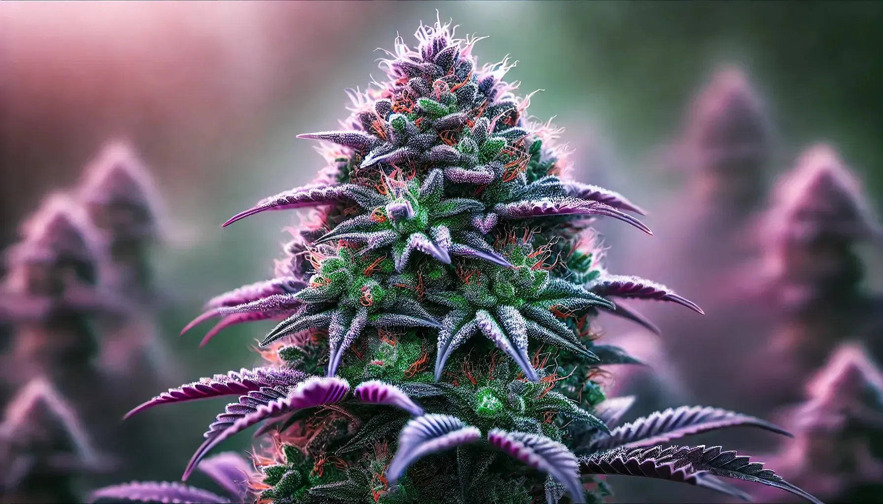 Purple Cookie Kush in seiner ganzen Pracht: Lebendige lila und grüne Blüten, bestäubt mit frostigen Trichomen, vor einer traumhaften, natürlichen Kulisse. Die perfekte Einführung in diesen atemberaubenden Strain.