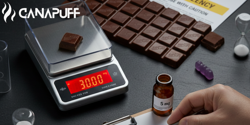 Canapuff chocolate square on precision scale with dosing vial and chocolate bar layout