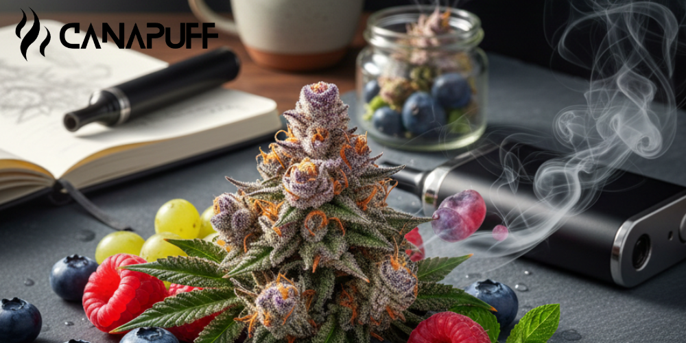 Cannabis flower bud surrounded by berries, vape device, and jar with lifestyle setup