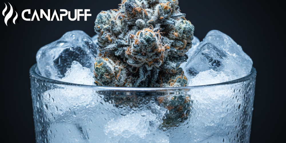 Canapuff cannabis flower in a frosted glass with ice cubes