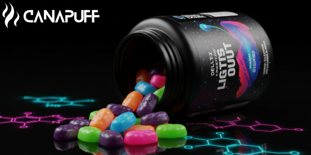 Canapuff Delta Extrax gummies in colorful variety spilling from black jar with neon molecular graphics