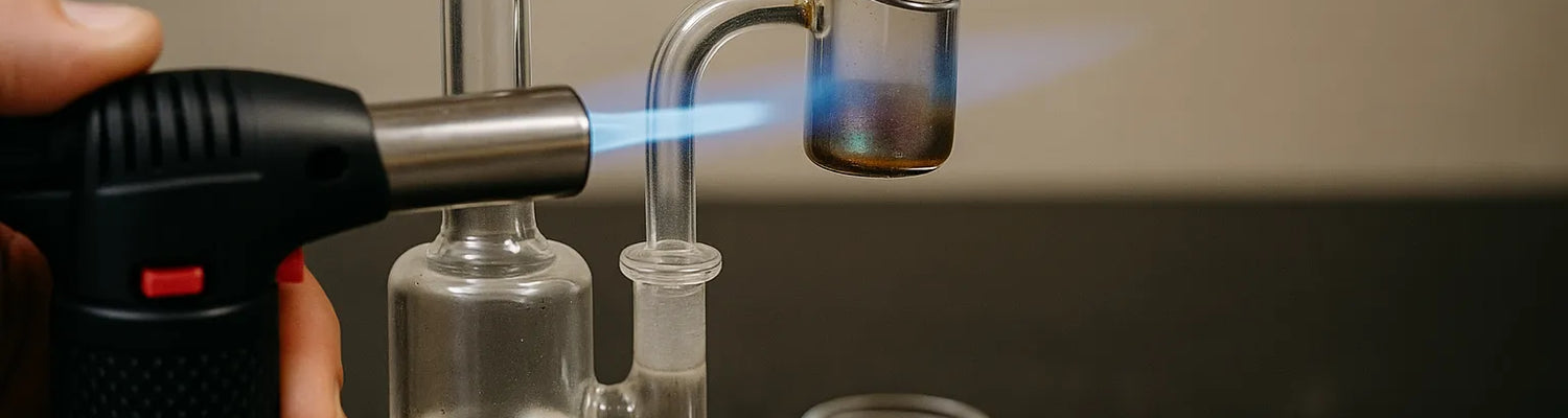 A person using a dab rig to inhale cannabis concentrate, close-up view in a relaxed home setting.