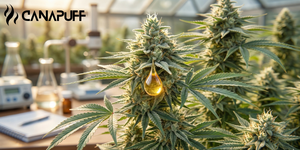 Cannabis plant with golden oil droplet in laboratory setting with Canapuff branding