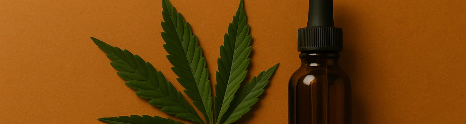 Cannabisblatt und bernsteinfarbene Tropfflasche auf warmem orangefarbenem Hintergrund