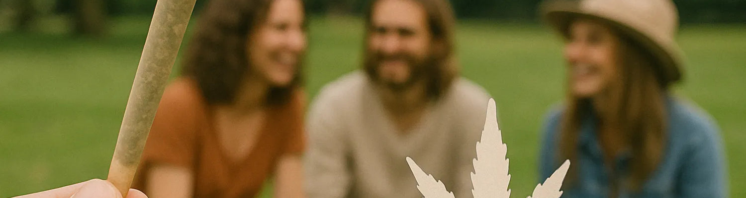 Hand, die einen Cannabis Joint vor einer Gruppe von Freunden hält, die auf dem Gras in einem Park sitzen