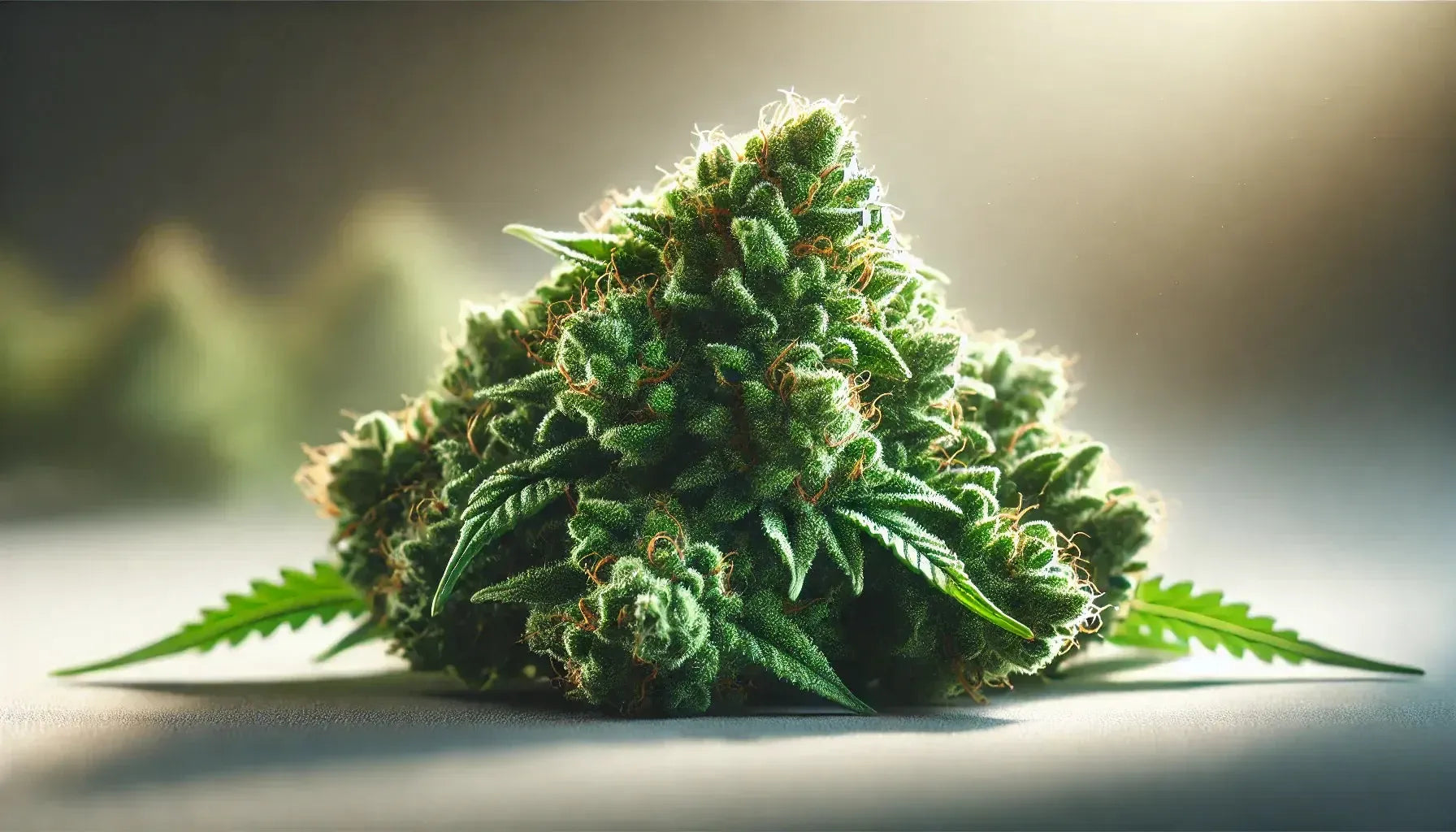 Photorealistische Aufnahme von frischen Cannabis Blüten bei natürlichem Licht und sanfter Hintergrundunschärfe.