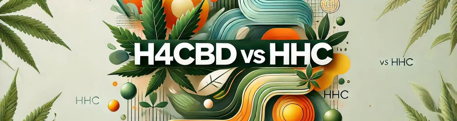 Blog-Headerbild mit dem Titel „H4CBD vs HHC“, mit abstrakten Visuals in Grüntönen für H4CBD und dynamischen Orange-Gelb-Tönen für HHC, die ihren Kontrast betonen.