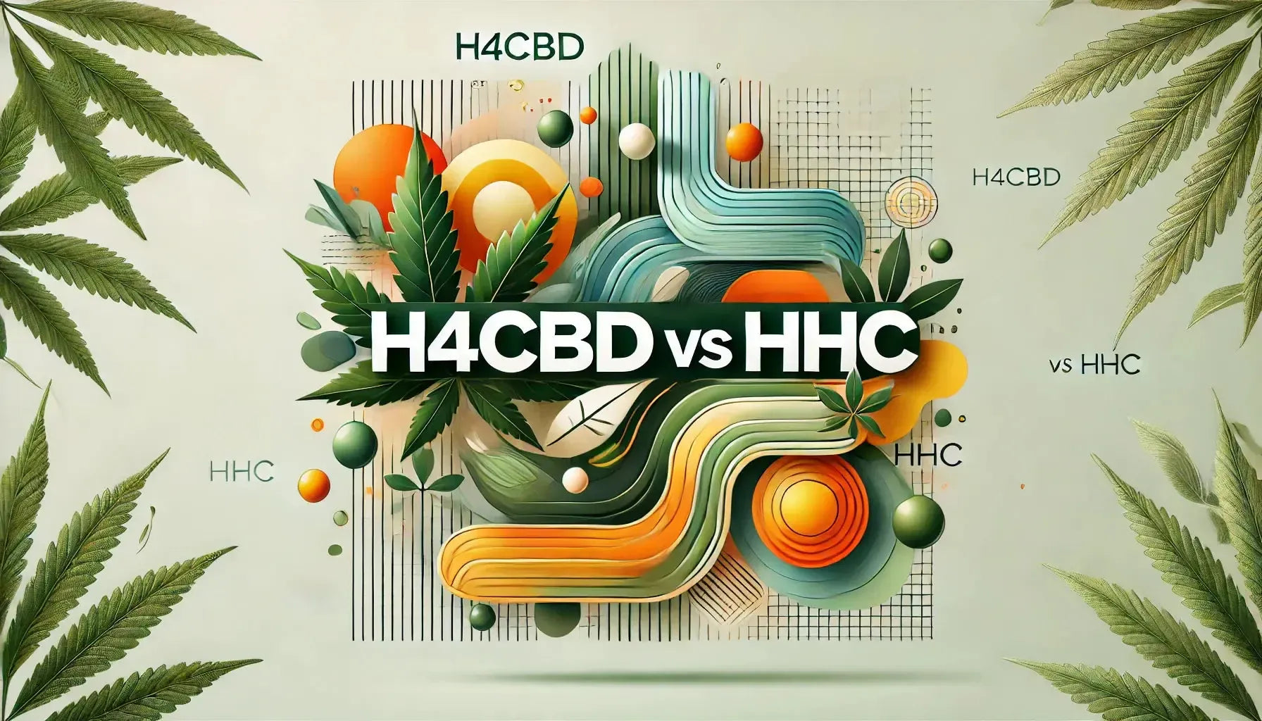 Blog-Headerbild mit dem Titel „H4CBD vs HHC“, mit abstrakten Visuals in Grüntönen für H4CBD und dynamischen Orange-Gelb-Tönen für HHC, die ihren Kontrast betonen.
