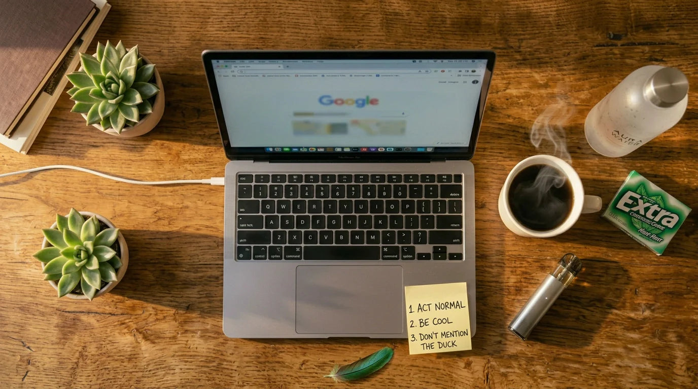 Workspace with laptop, coffee mug, succulents, and cannabis product on wooden desk