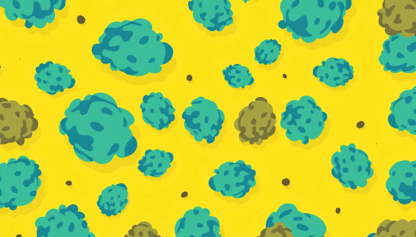 Illustration of stylized cannabis buds in shades of teal and olive on a bright yellow background