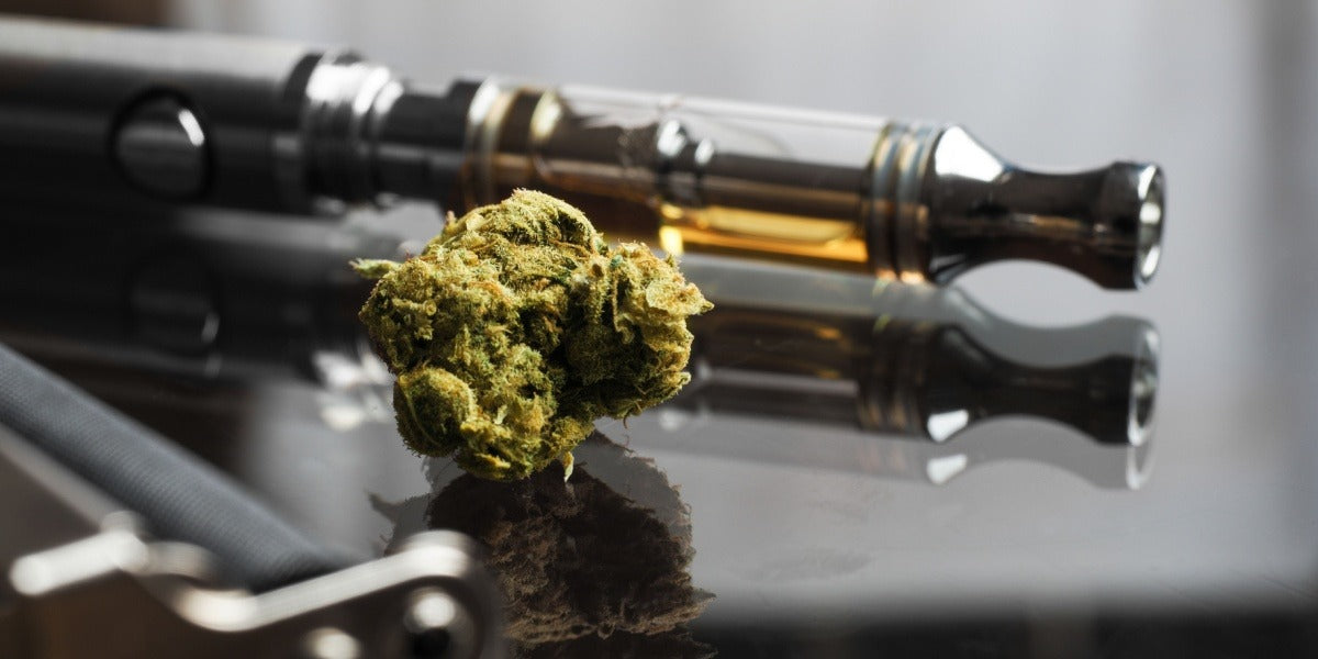 Cannabis flower buds next to vape cartridges and accessories
