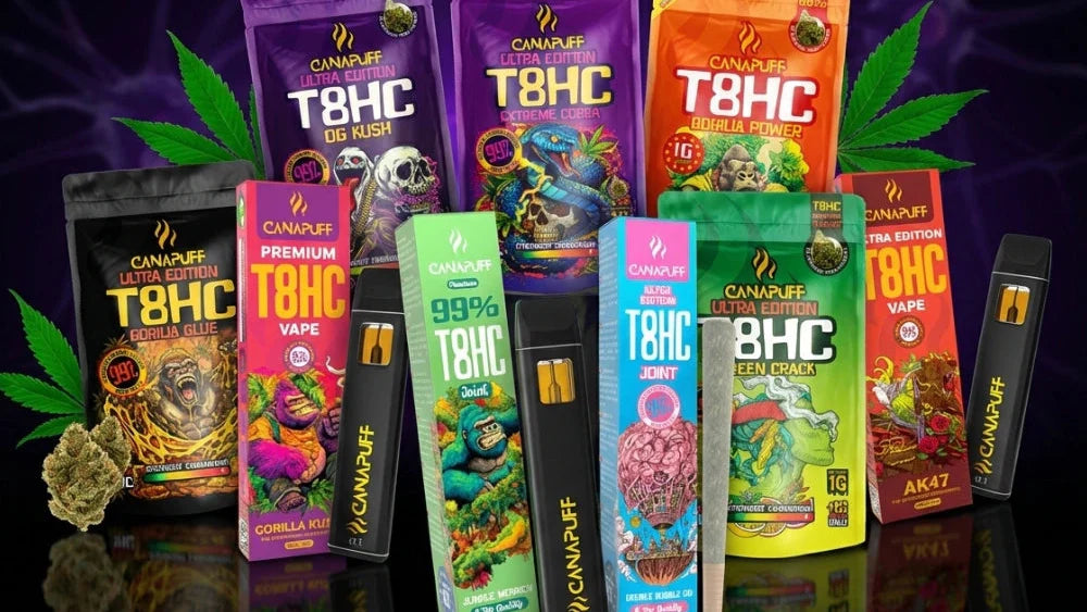 Canapuff T8HC product range including pouches, vapes and joints in various flavors