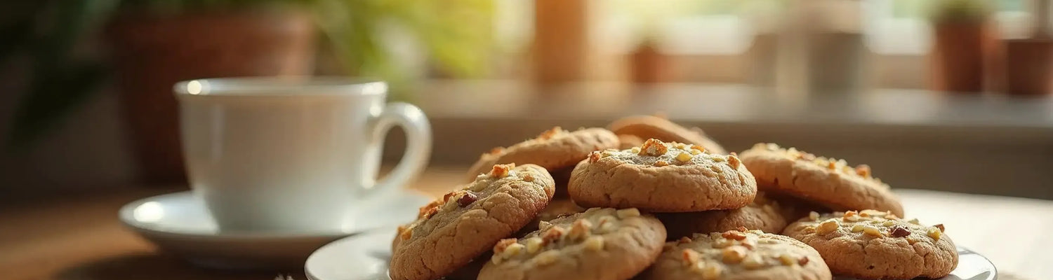CBD Cookies serviert auf einem Teller mit einer Tasse Kaffee