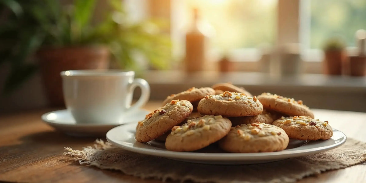 CBD Cookies serviert auf einem Teller mit einer Tasse Kaffee