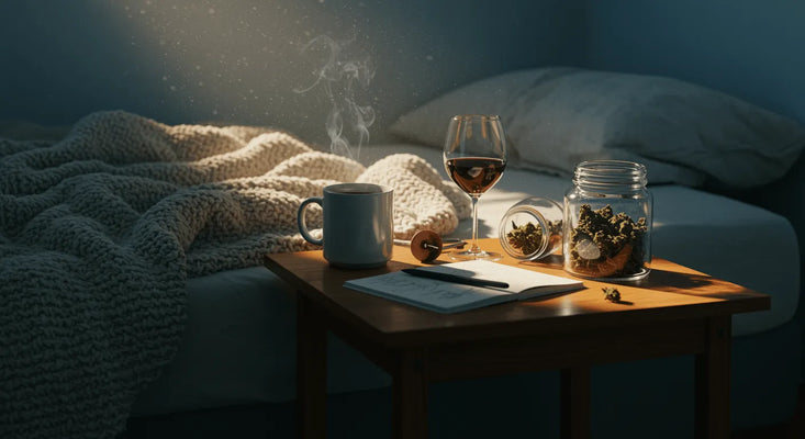 Sonnenbeschienenes Schlafzimmer im Morgengrauen mit einer zerknitterten Strickdecke auf dem Bett und einem Holztisch, auf dem eine dampfende Kaffeetasse, ein halbvolles Weinglas, ein offenes Notizbuch und ein Glas mit Cannabis Blüten stehen.