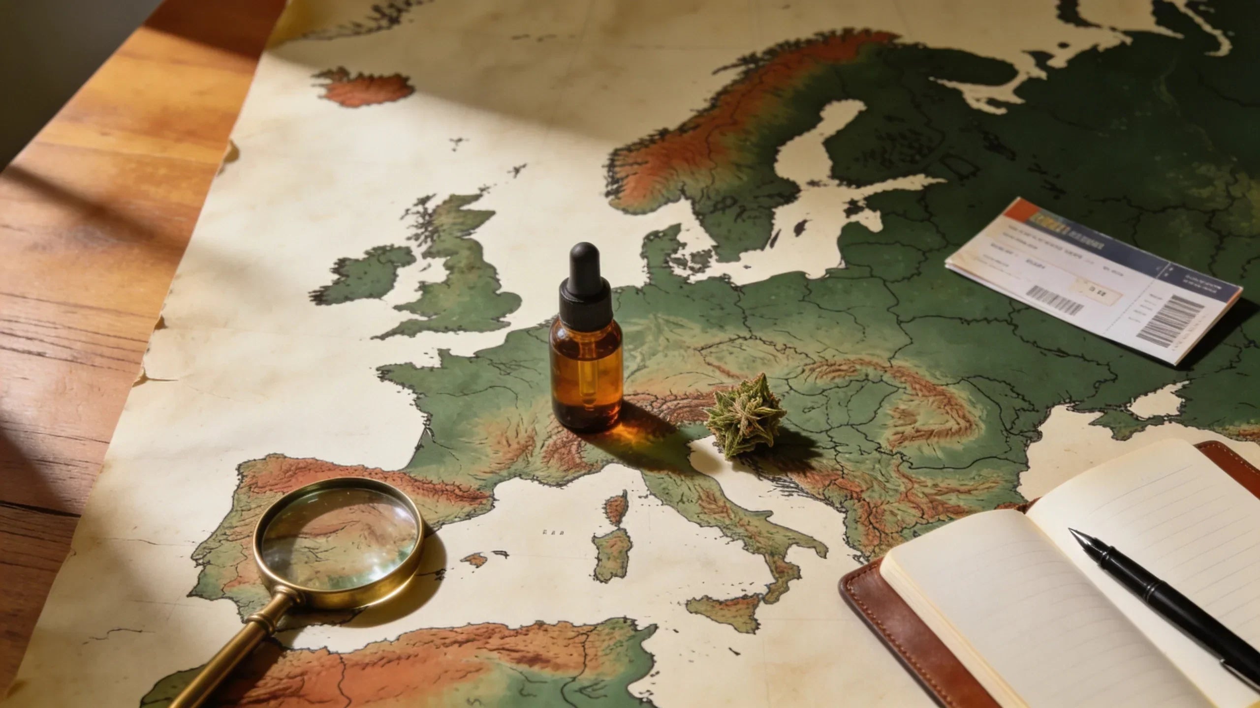 Amber dropper bottle and cannabis flower on European map with magnifying glass and notebook