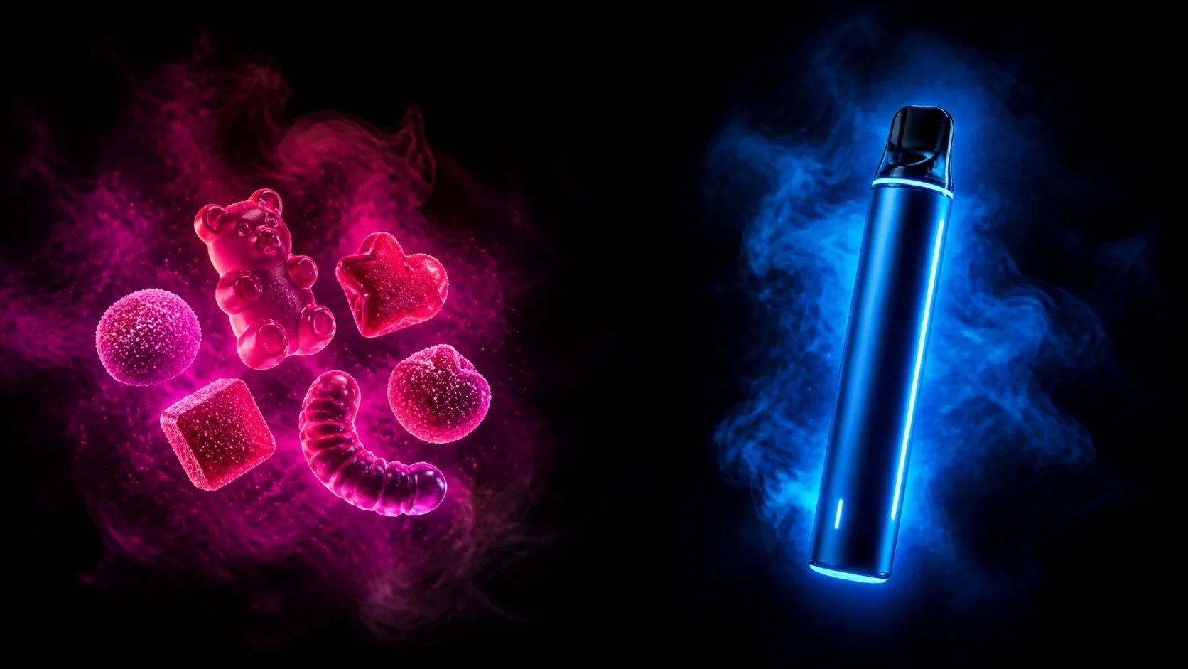 Neon glowing THC gummies and a vape pen side by side with colorful smoke