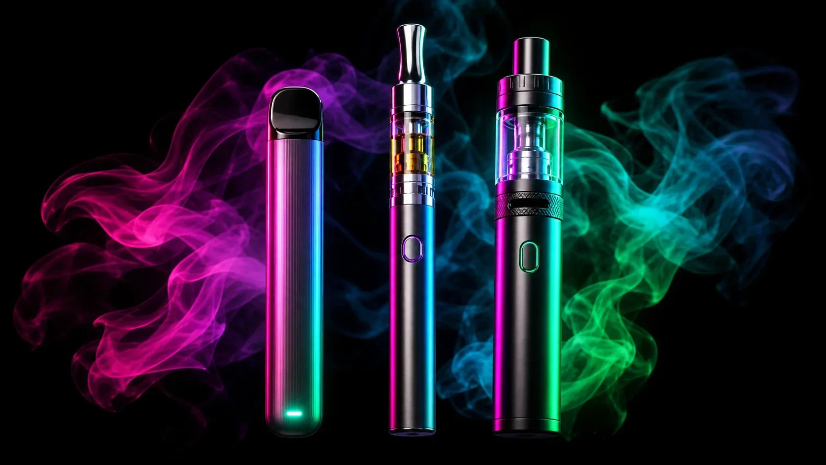 Three glowing neon cannabis vape pens with colorful smoke on a dark background