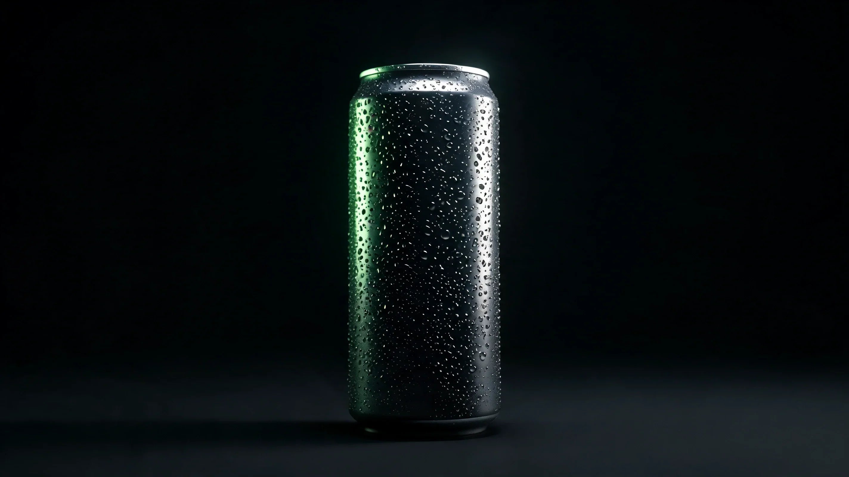 Cold beverage can with condensation droplets on dark background
