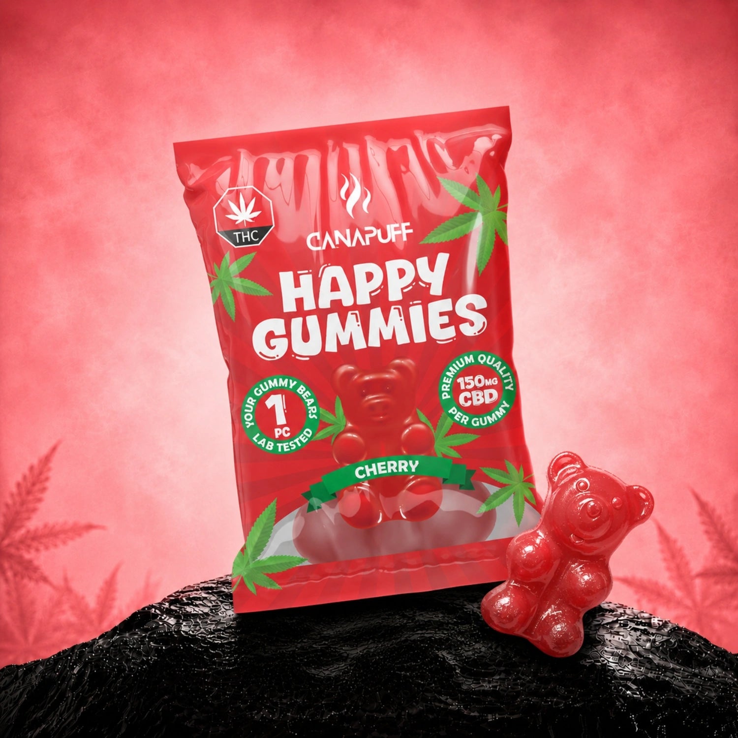 Canapuff CBD Gummies Cherry 150 mg, 1 piece sour gummy bear