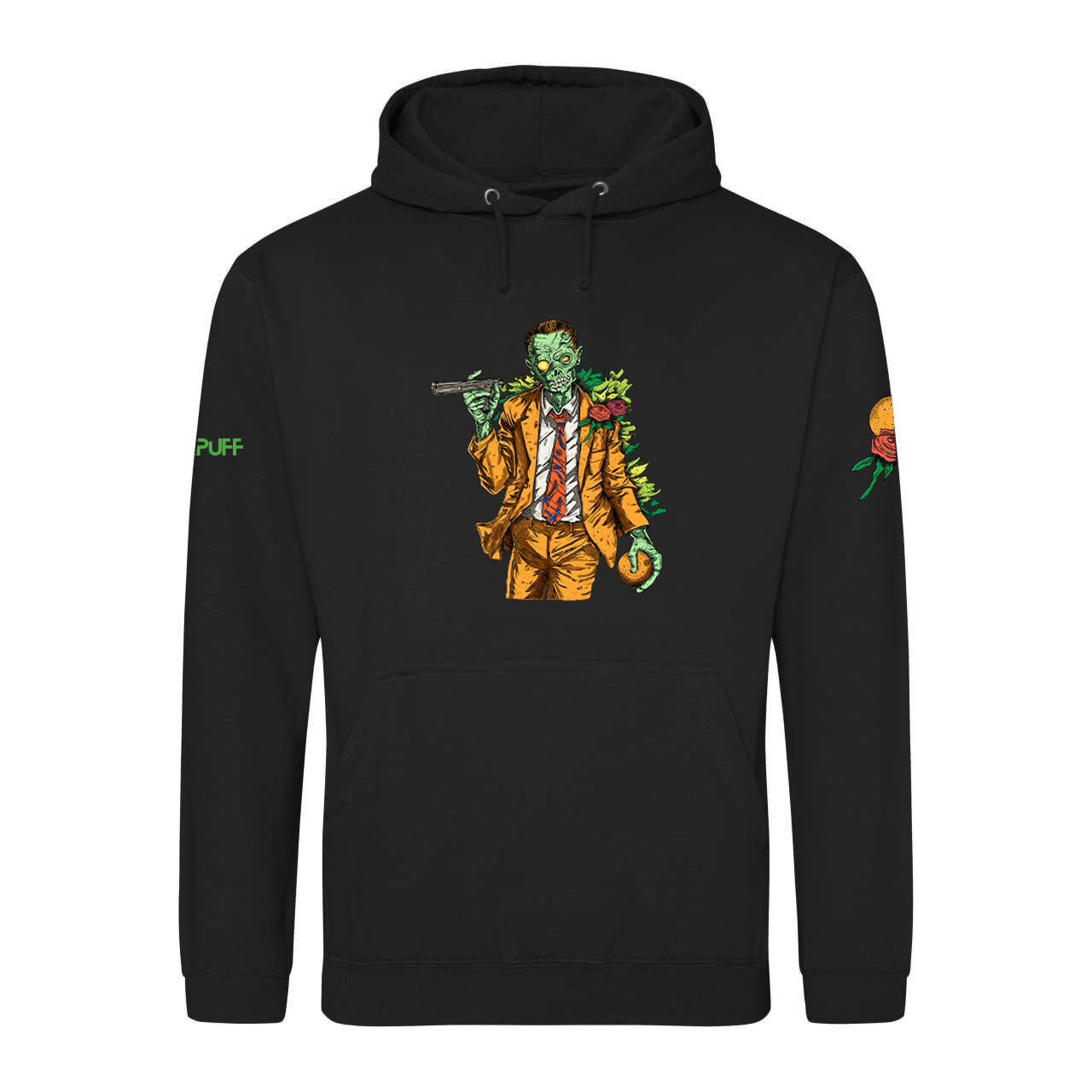 Schwarzer Hoodie mit Zombie, der eine Waffe hält