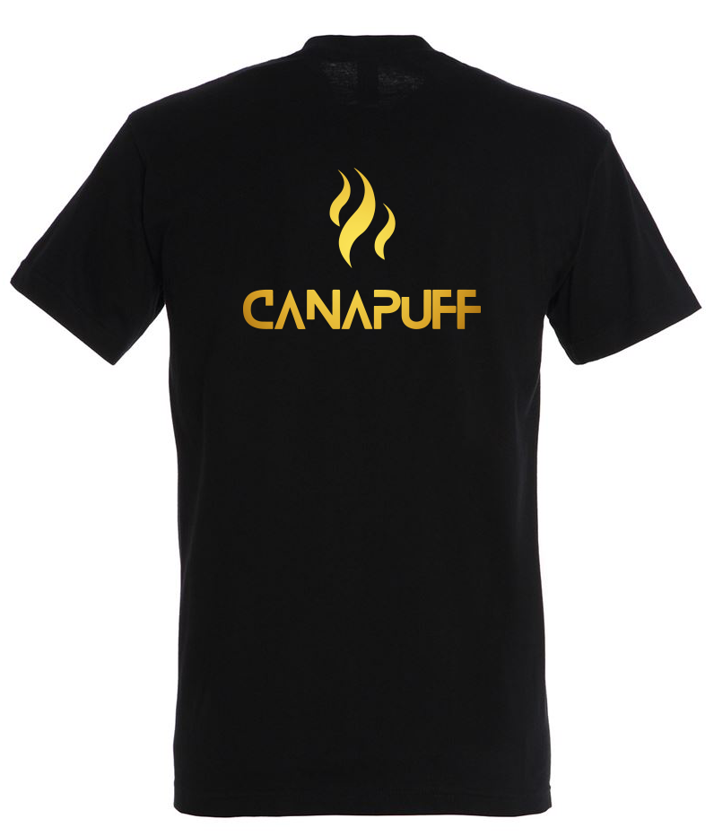 Canapuff T-Shirt in Schwarz, Merch mit goldenem Text "canapuff"