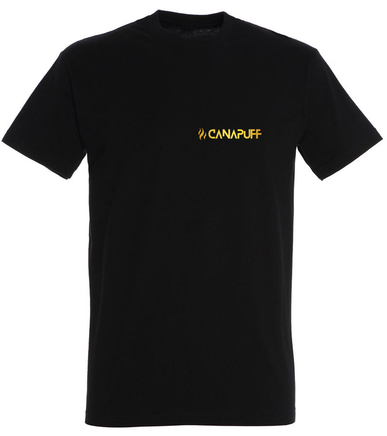 Canapuff T-Shirt in Schwarz, Merch mit kleinem goldenen Text "canapuff"