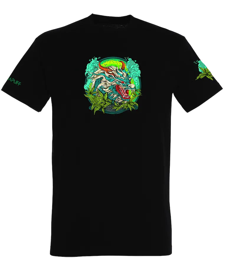 Canapuff T-Shirt in Schwarz mit einem Drachen und leuchtenden Farben