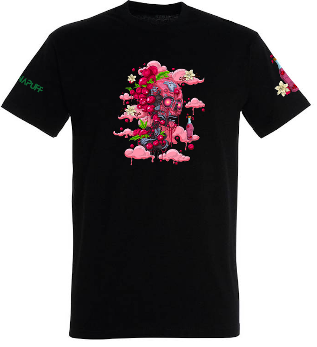 Canapuff T-Shirt in Schwarz mit einem schmelzenden Totenkopf auf rosa Wolken