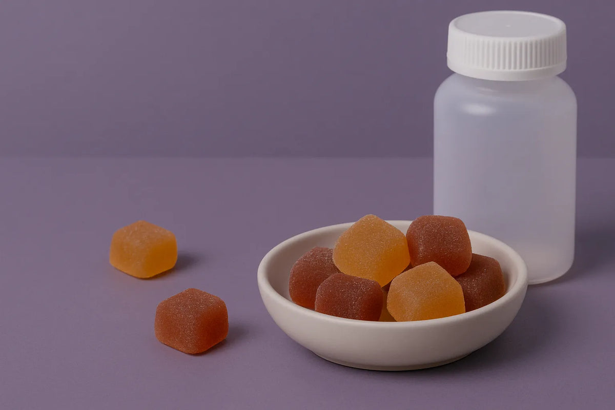 CBD- und CBN-Melatonin-Gummibärchen in einer Schale mit Flasche auf lila Hintergrund