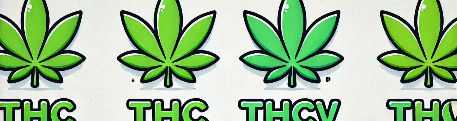 „THC vs THCv“ Schriftzug mit Cannabisblättern im Comic-Stil.