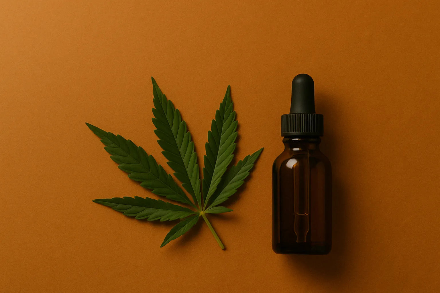 Cannabisblatt und bernsteinfarbene Tropfflasche auf warmem orangefarbenem Hintergrund