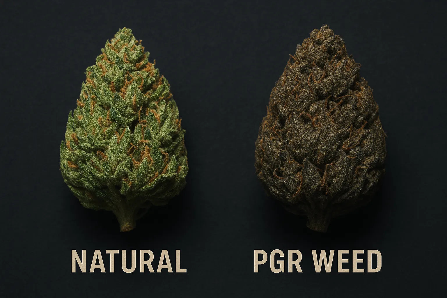 Vergleich zwischen natürlicher Cannabisblüte und PGR-weed-Blüte nebeneinander