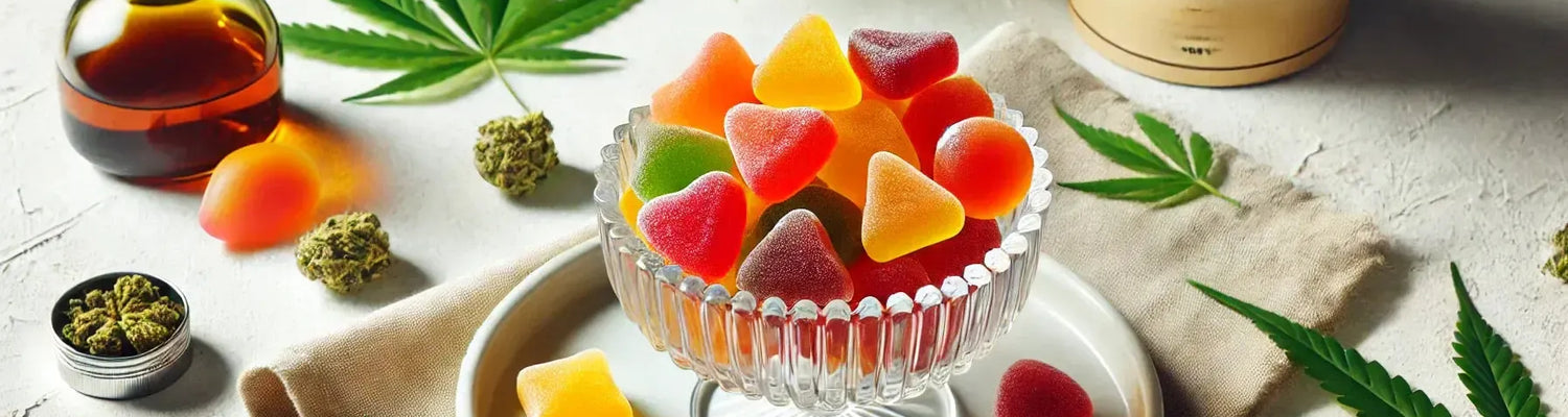 Eine Glasschale, gefüllt mit bunten Delta 9 THC Gummibärchen in Mango-, Orangen- und Kirschfarben, steht auf einem sauberen weißen Hintergrund mit dezenten Cannabisblatt-Dekorationen für einen frischen und einladenden Look.