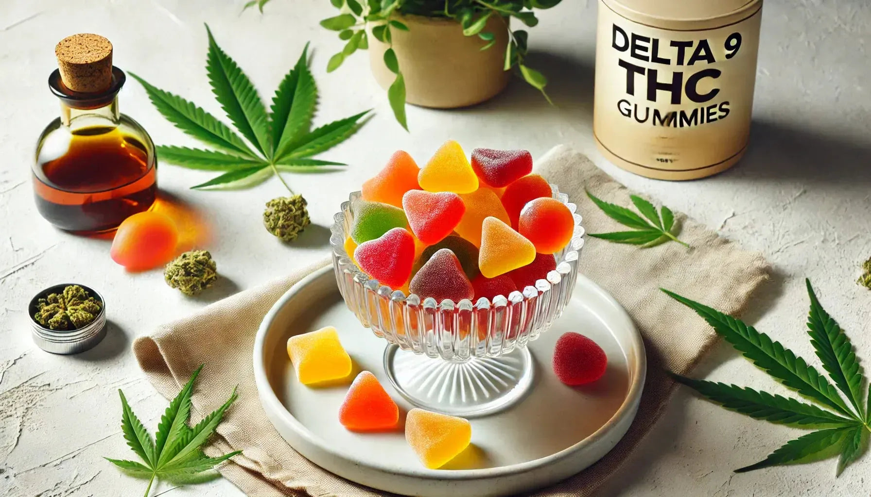 Eine Glasschale, gefüllt mit bunten Delta 9 THC Gummibärchen in Mango-, Orangen- und Kirschfarben, steht auf einem sauberen weißen Hintergrund mit dezenten Cannabisblatt-Dekorationen für einen frischen und einladenden Look.