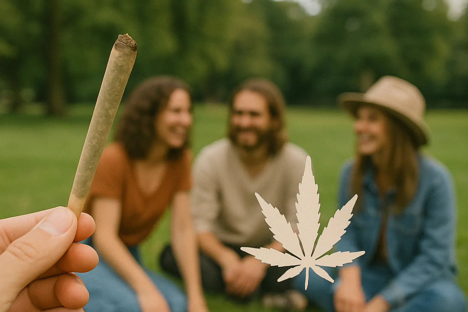 Hand, die einen Cannabis Joint vor einer Gruppe von Freunden hält, die auf dem Gras in einem Park sitzen