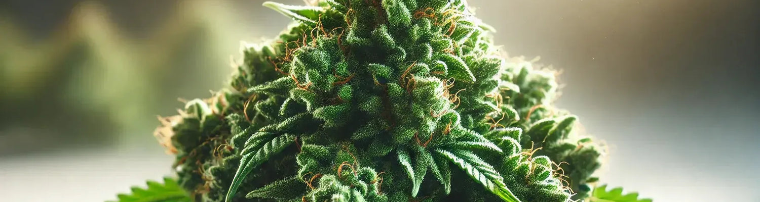 Photorealistische Aufnahme von frischen Cannabis Blüten bei natürlichem Licht und sanfter Hintergrundunschärfe.