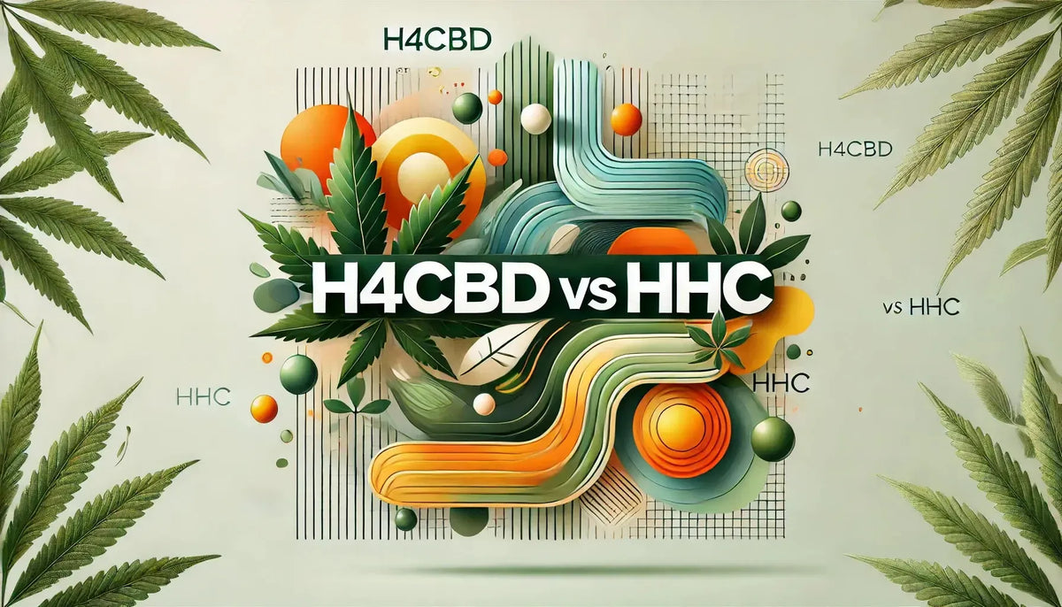 Blog-Headerbild mit dem Titel „H4CBD vs HHC“, mit abstrakten Visuals in Grüntönen für H4CBD und dynamischen Orange-Gelb-Tönen für HHC, die ihren Kontrast betonen.