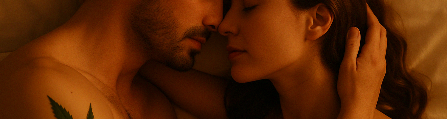 Couple lying close together in bed with warm lighting and a cannabis leaf in the scene