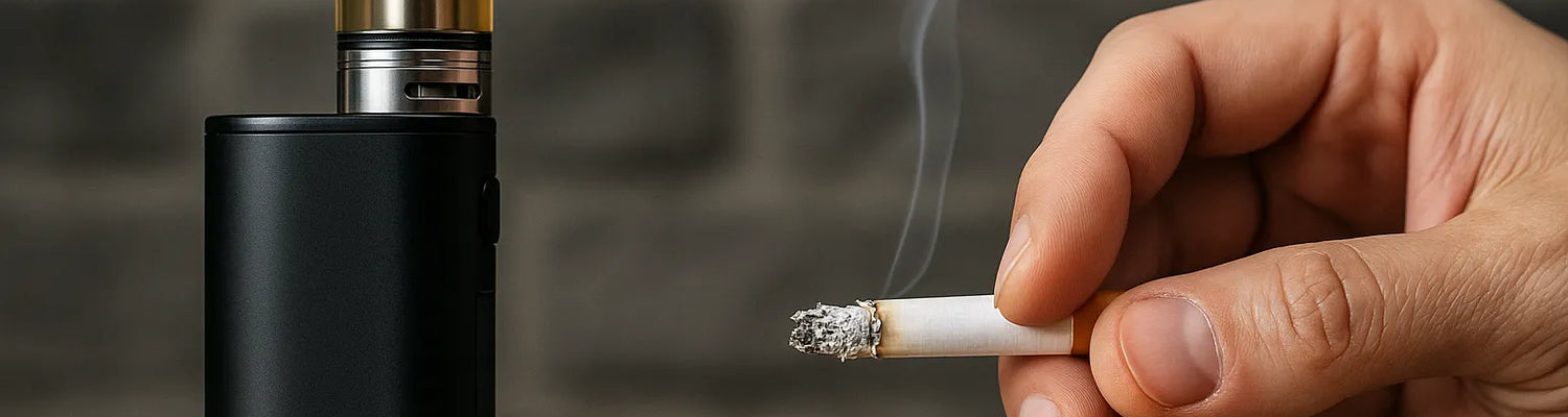 Nebeneinander stehendes Bild eines Vapes und einer Hand, die eine brennende Zigarette auf einem Holztisch hält