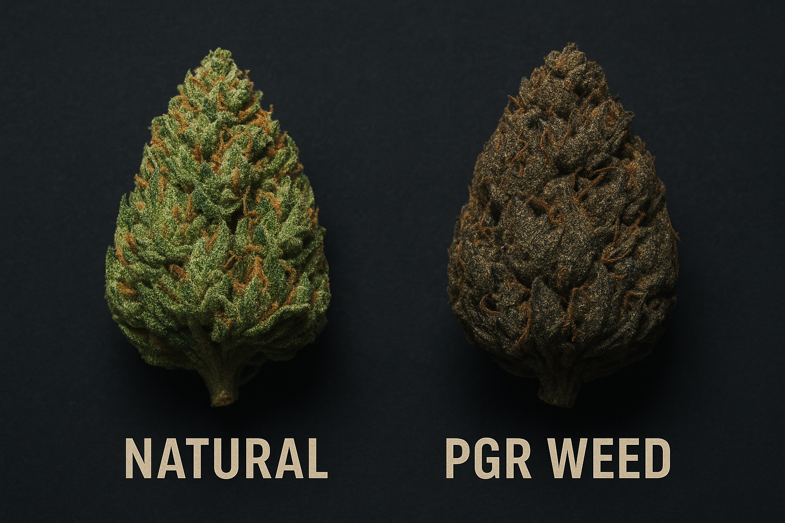 Comparison between natural cannabis bud and PGR weed bud side by side