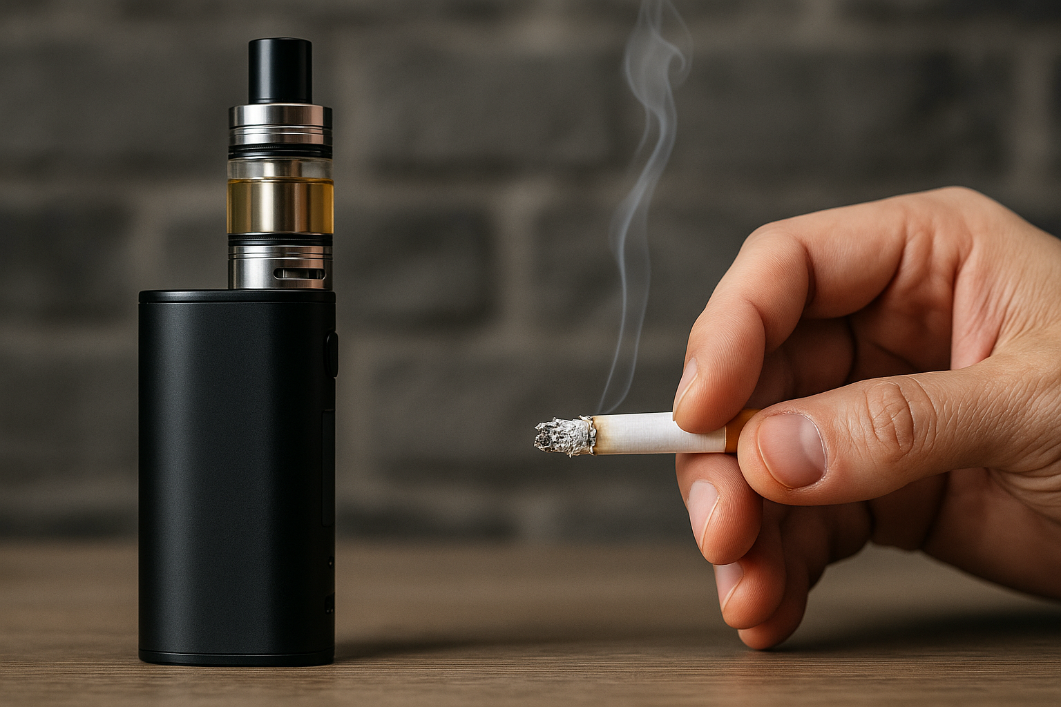 Side-by-side image of a vape device and a hand holding a lit cigarette on a wooden table