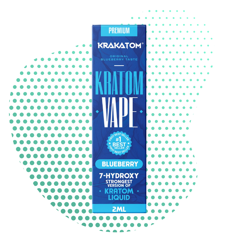 Blue Kratom vape packaging with blueberry flavor text.
