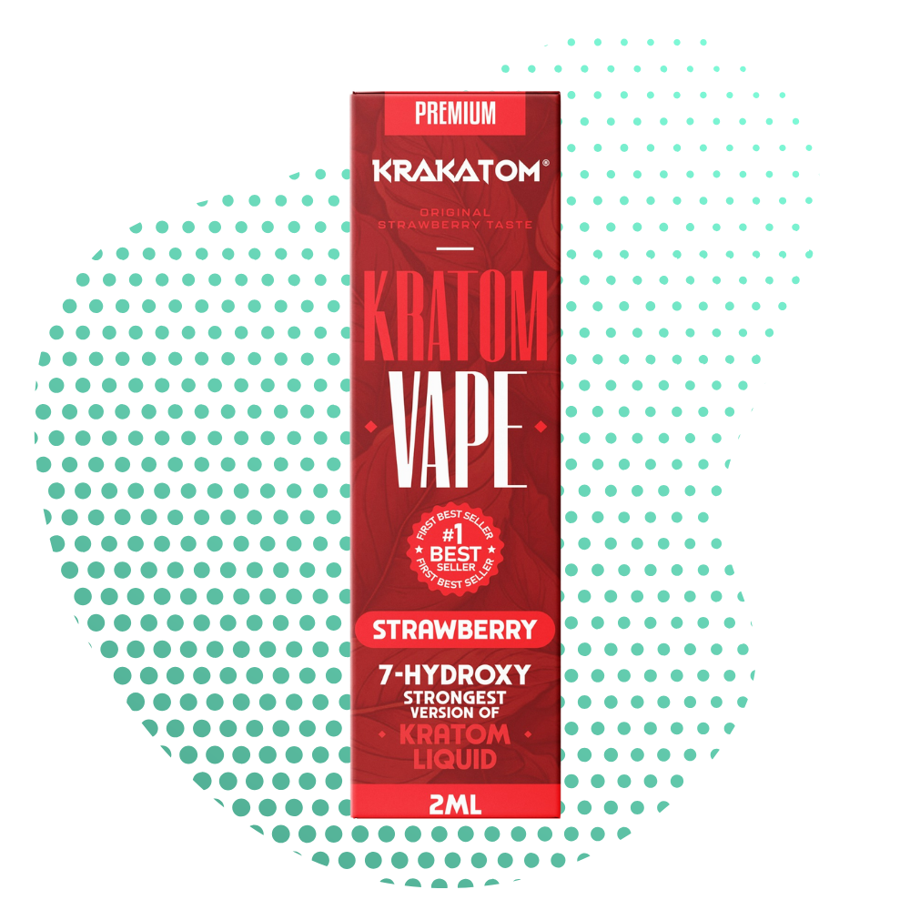 Blue Kratom vape packaging with strawberry flavor text.