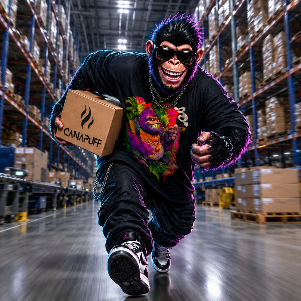 Canapuff monkey running through a warehouse with a Canapuff parcel