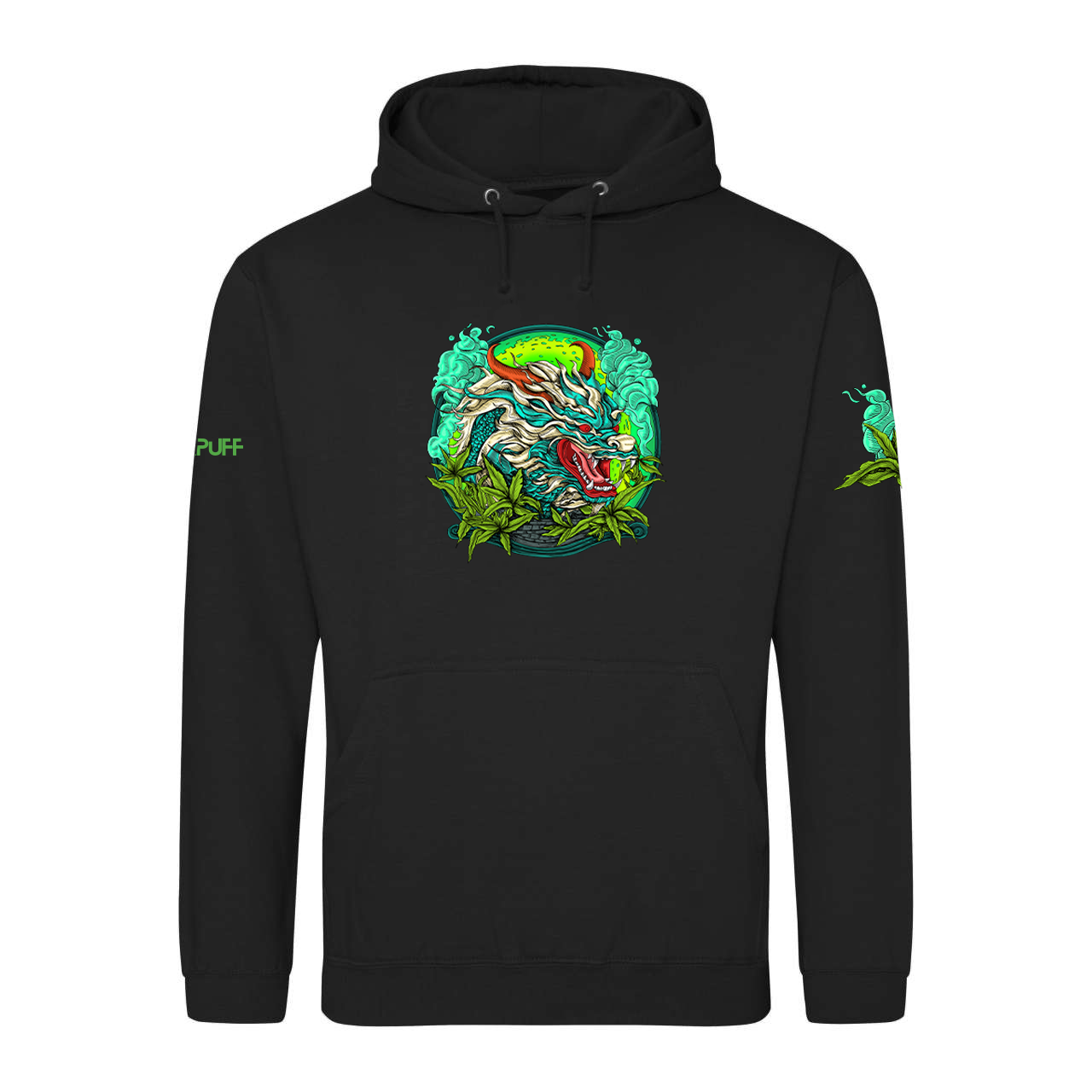 Black hoodie with yellow Canapuff logo front