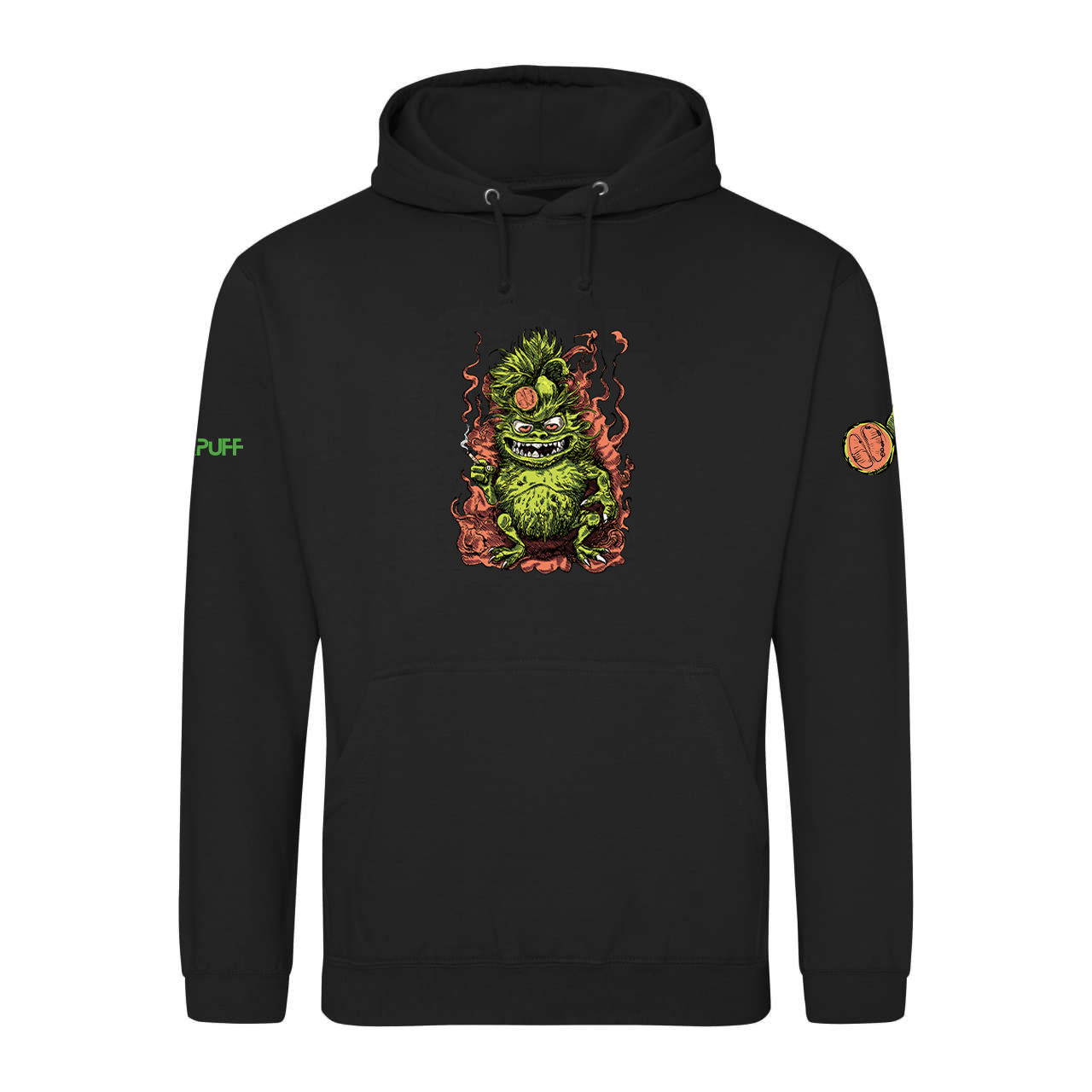 Black hoodie with yellow Canapuff logo back
