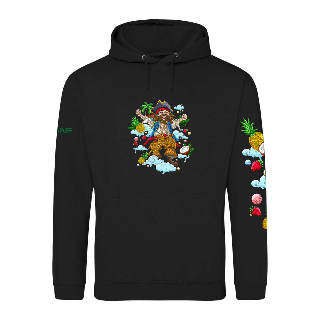 Black Hoodie with pirate cartoon and tropical elements