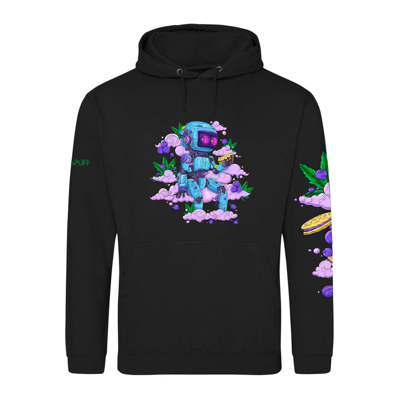Black hoodie with astronaut and cloud design