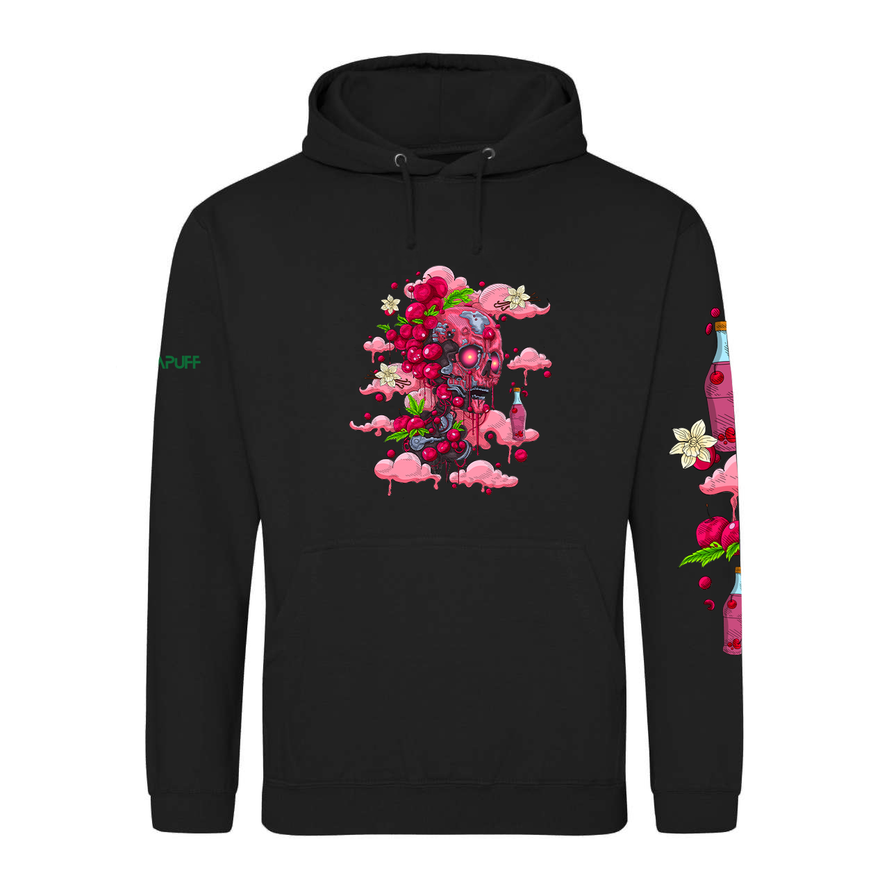 black hoodie with surreal elements in cartoon on it